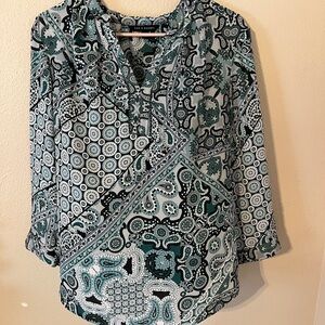 Zac & Rachel Blue Multicolored Graphic 3/4 Sleeves Blouse Size L.